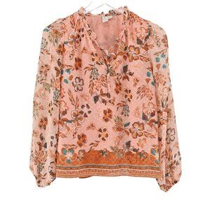 JOIE‎ Top Womens Size XS Orange Floral Peasant Blouse Balloon Long Sleeve Boho